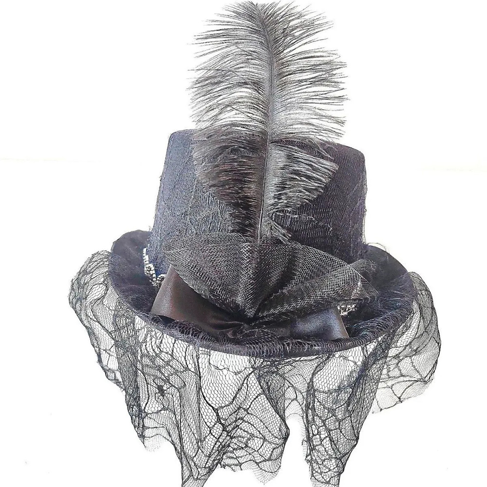 Sombrero de copa con velo de encaje y disfraz victoriano negro
