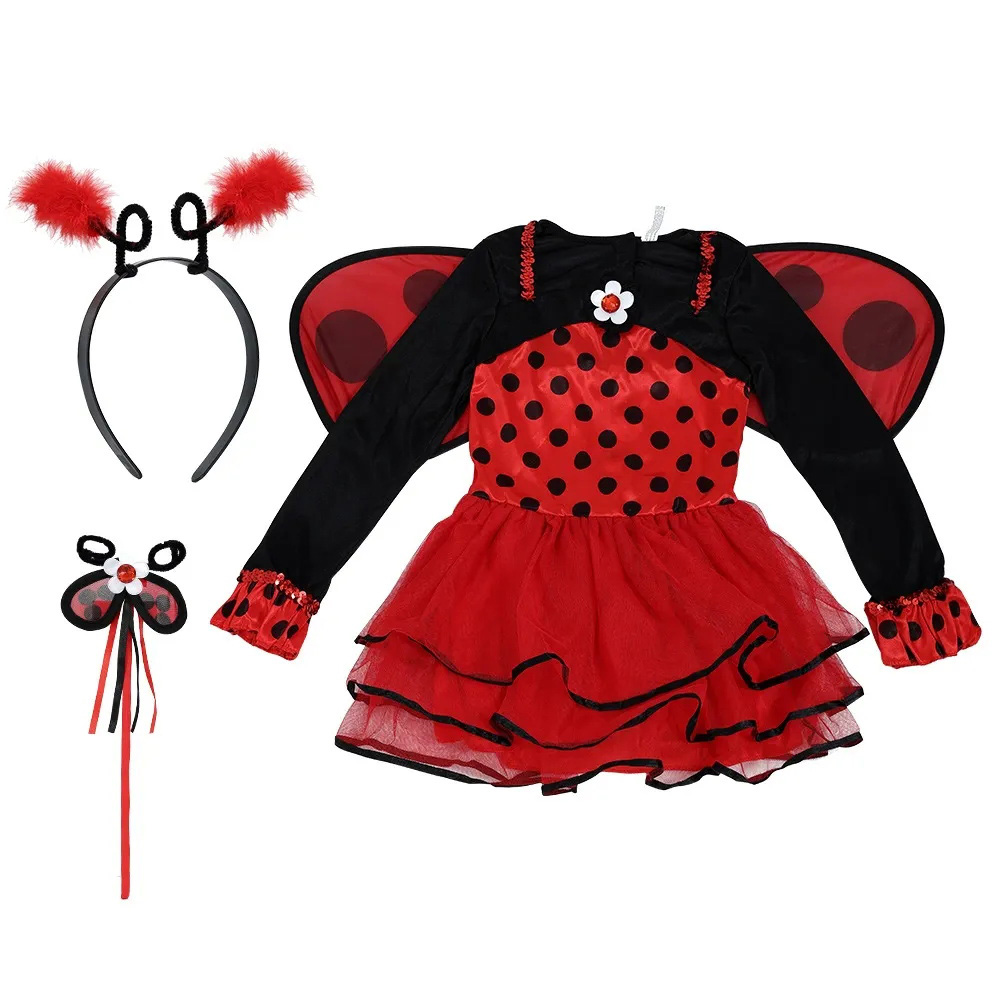 Disfraz de actuación de mariquita y abeja pequeña para niñas con alas cosplay