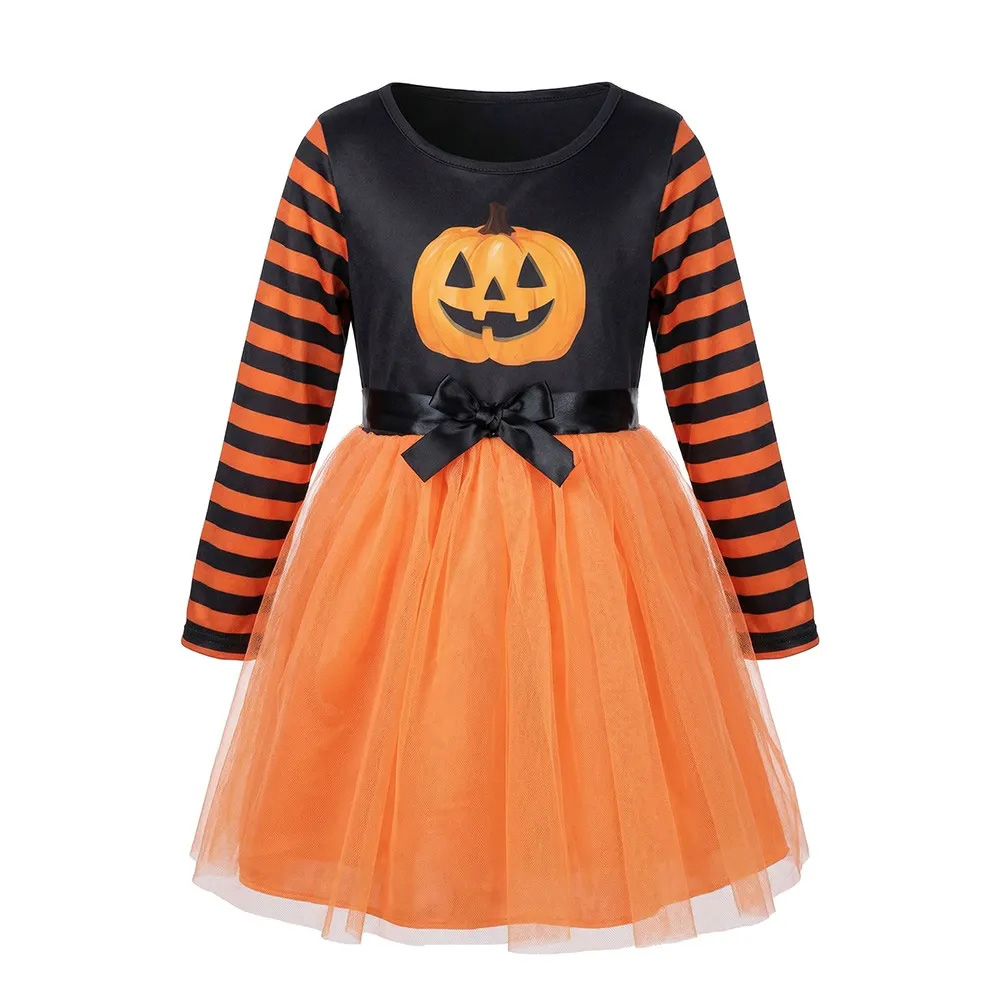 Vestido tutú de malla con estampado de calabaza elegante de Halloween para niñas