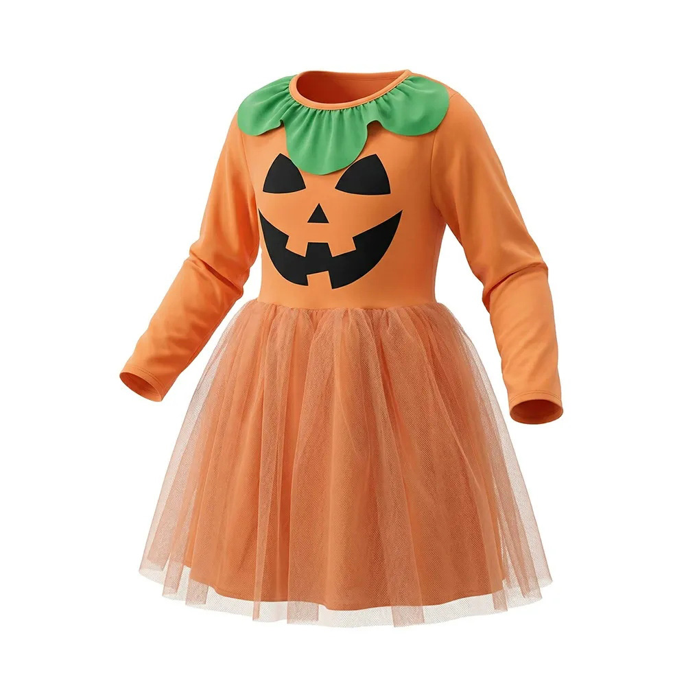 Disfraz de vestido de malla de calabaza de Halloween de manga larga para niña