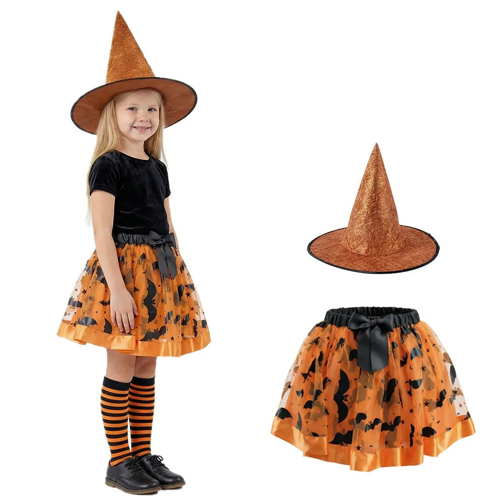 Disfraz de bruja con falda tutú de Halloween para niñas con sombrero