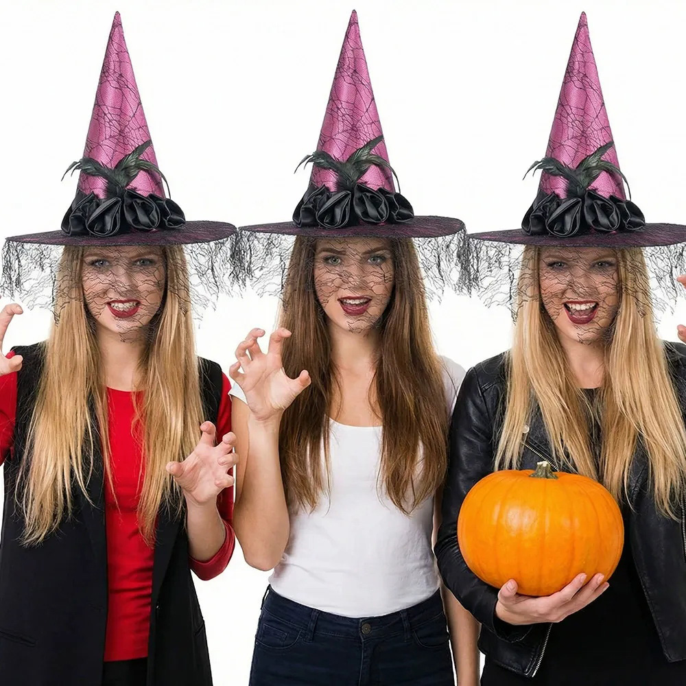 Sombrero de bruja de encaje de plumas elegantes de Halloween con rosa